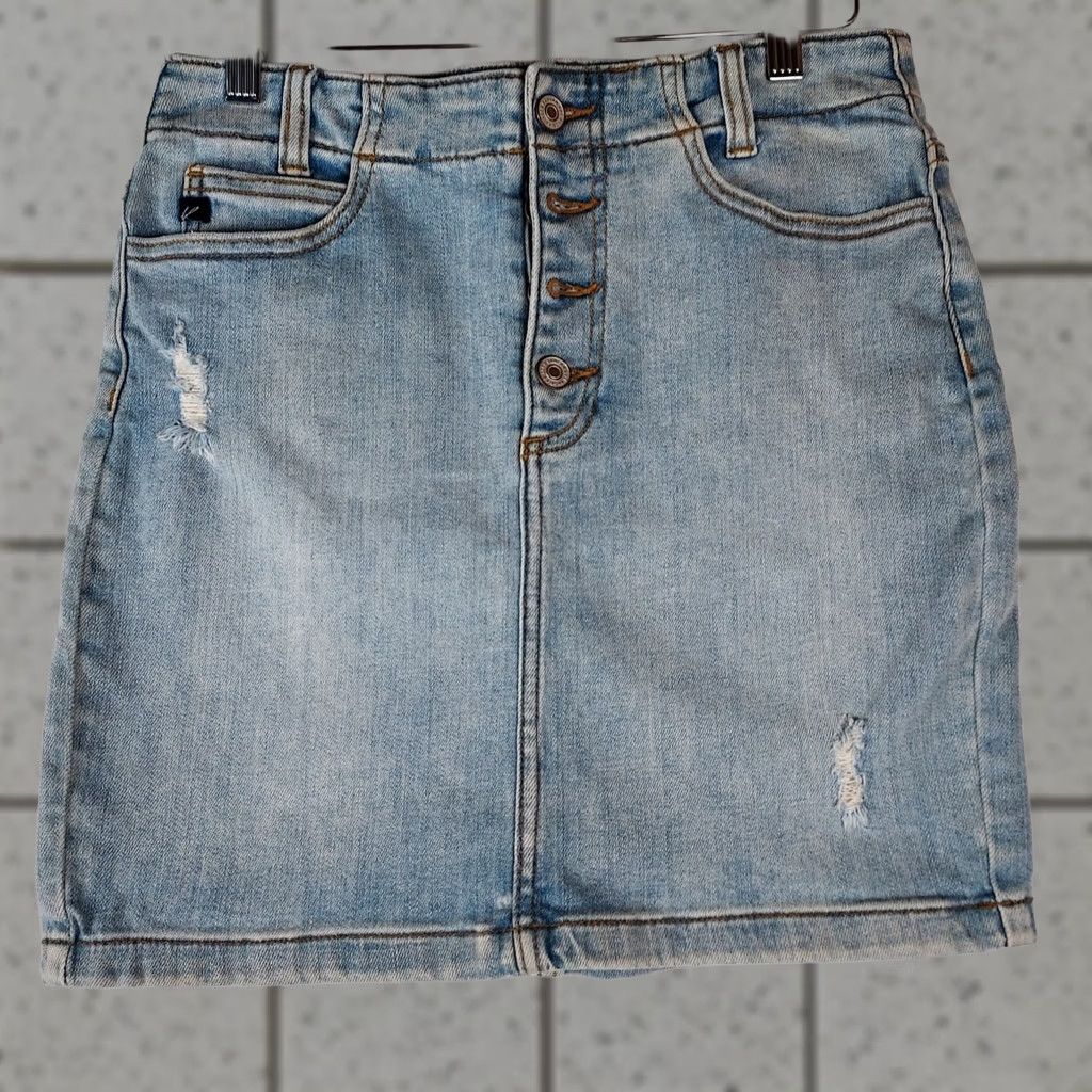 Vintage VINTAGE? No. (Skip) KanCan LA Women’s Medium Blue Denim Button Front Distressed Skirt KC913лай Size 32" / US 10 / IT 46 - 1 Thumbnail