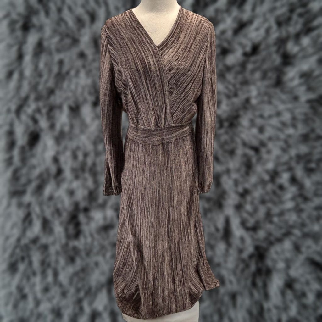 Vintage Misook Knit Jacquard Maxi Sweater Dress Women’s Large Heritage Fit Bishop Sleeve Brown With Purple Tones V-Neck Pullover Long Sleeve Size L / US 10 / IT 46 - 1 Thumbnail