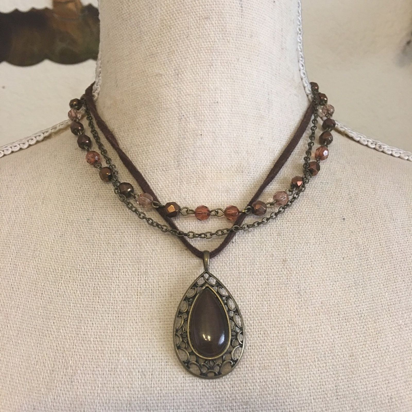 Jewelry Triple strand leather chain bead amulet necklace Size ONE SIZE - 1 Thumbnail