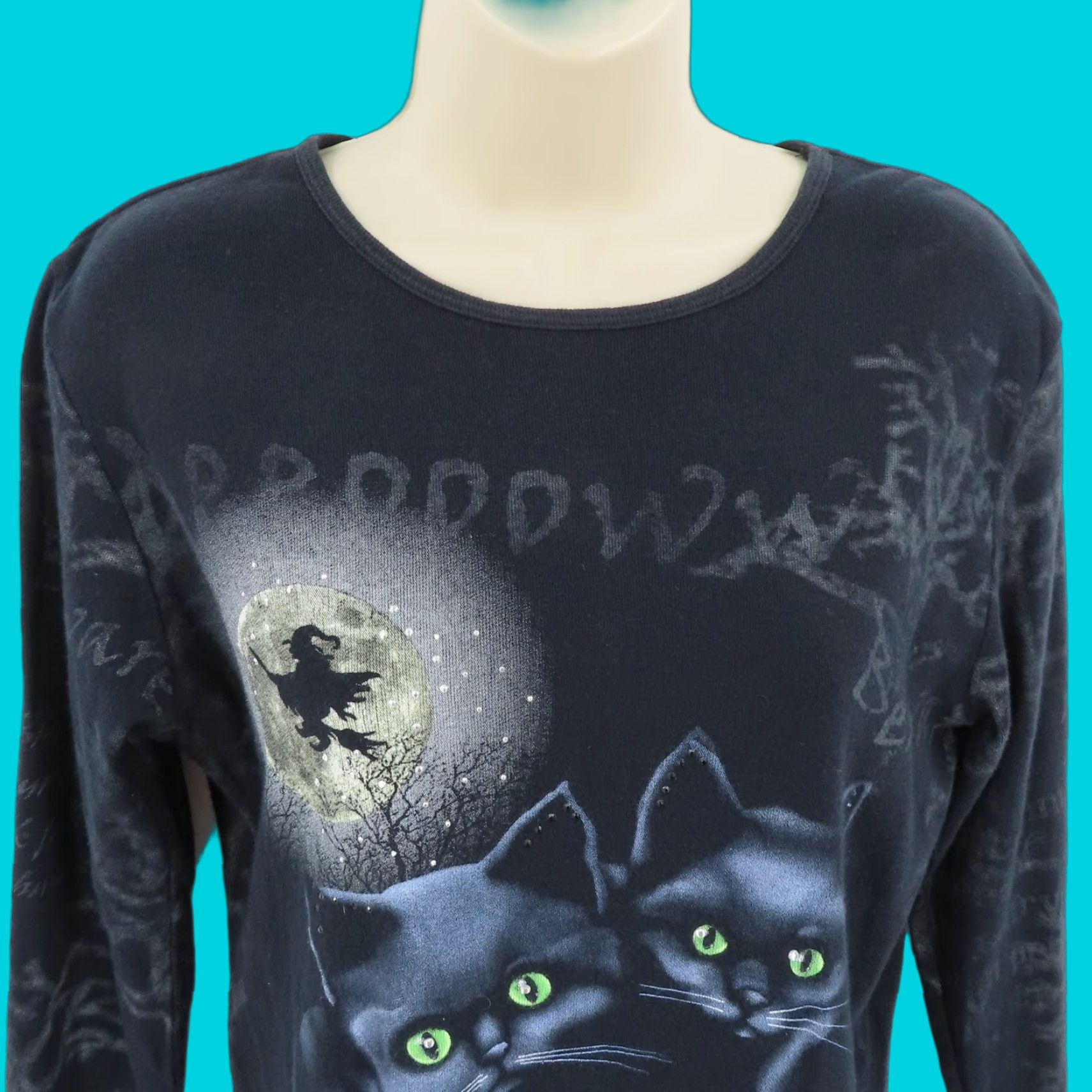 Vintage My Halloween Womens Small Rhinestone Black Cat Witch Spooky Shirt All Cotton Size S / US 4 / IT 40 - 1 Thumbnail