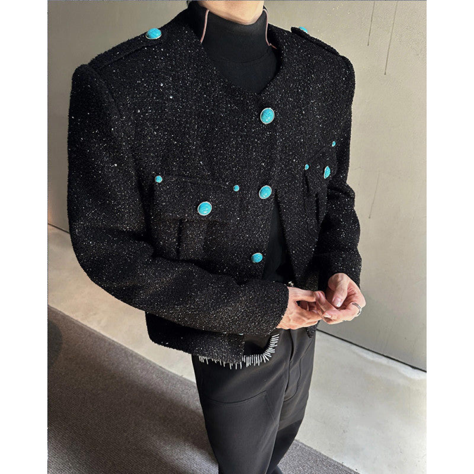 Vintage Black Tweed Jacket with Turquoise Buttons, Cropped Fit Size US M / EU 48-50 / 2 - 2 Thumbnail