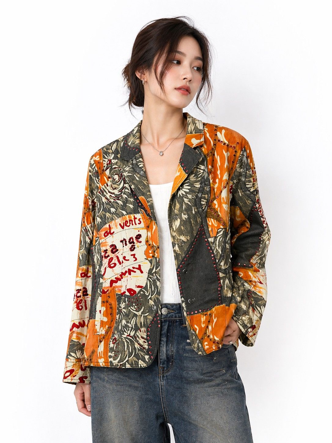 Kansai Yamamoto Kansai Bis Patchwork Art Jacket Floral Graphic Orange Grey Size L / US 10 / IT 46 - 3 Thumbnail