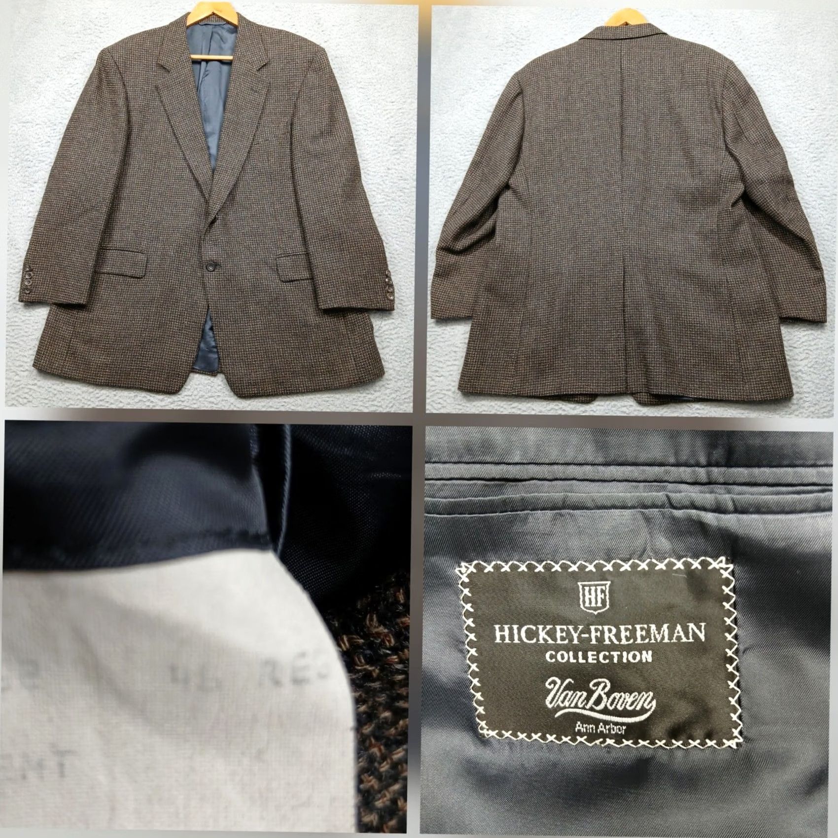 Vintage Hickey Freeman Wool Blazer Mens 46R Brown Houndstooth Van Boven Collection - Size 46 - Classic Sport Coat Size 46R - 2 Thumbnail