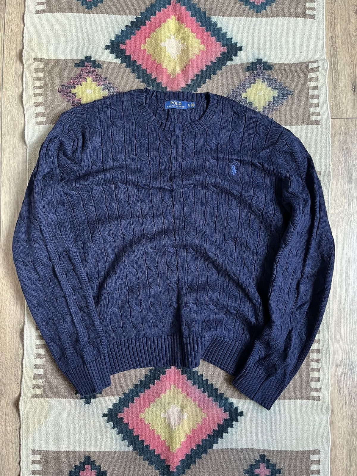 Polo Ralph Lauren Polo Ralph Lauren Men Navy Cable Knit Cotton Sweater Size US XL / EU 56 / 4 - 1 Thumbnail