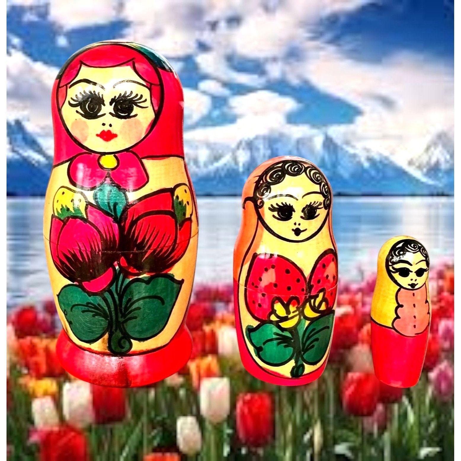 Handmade × Vintage Vintage Russian Nesting Doll Set of 3 Red Floral Matryoshka Size ONE SIZE - 6 Thumbnail
