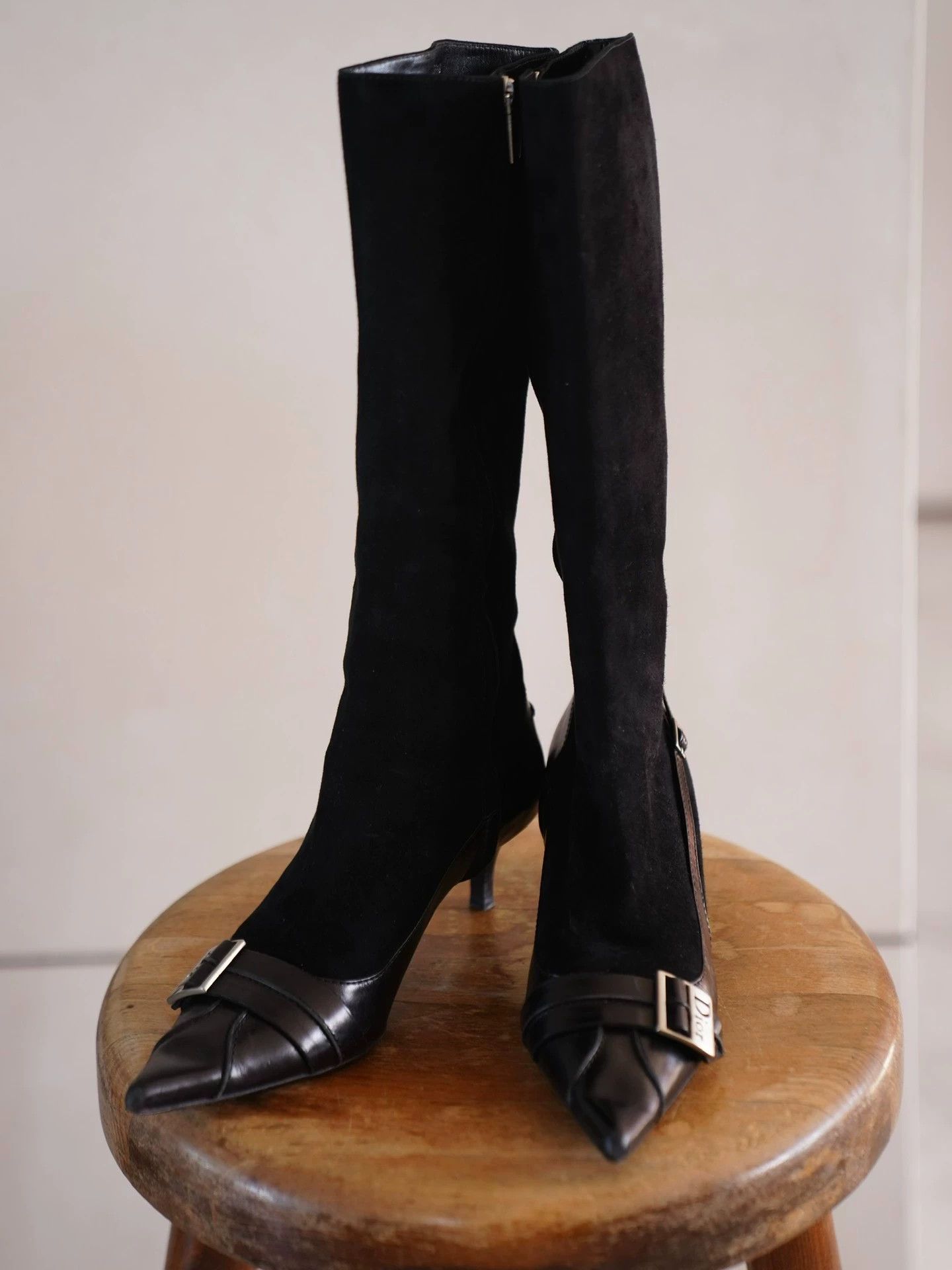 Dior Dior by John Galliano 2000s Black Silver Suede Knee Boot Size US 8 / IT 38 - 1 Thumbnail