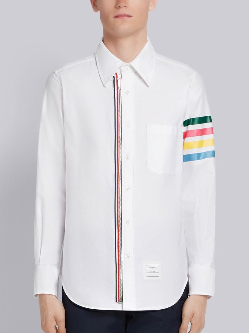 image of Thom Browne - 4-Bar Zip-Front Oxford Shirt in White, Men's (Size Medium)