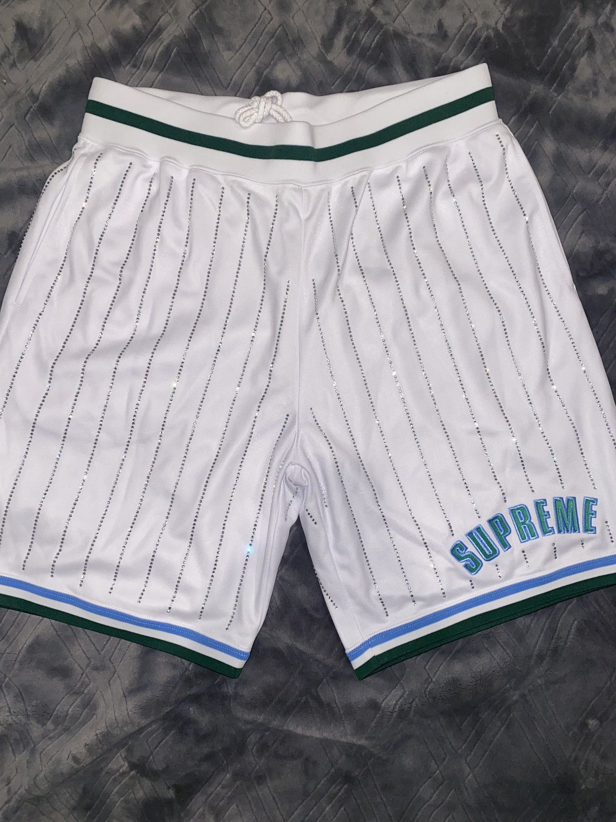 image of Supreme Rhinestone Stripe Basketball Shorts in White, Men's (Size 30)