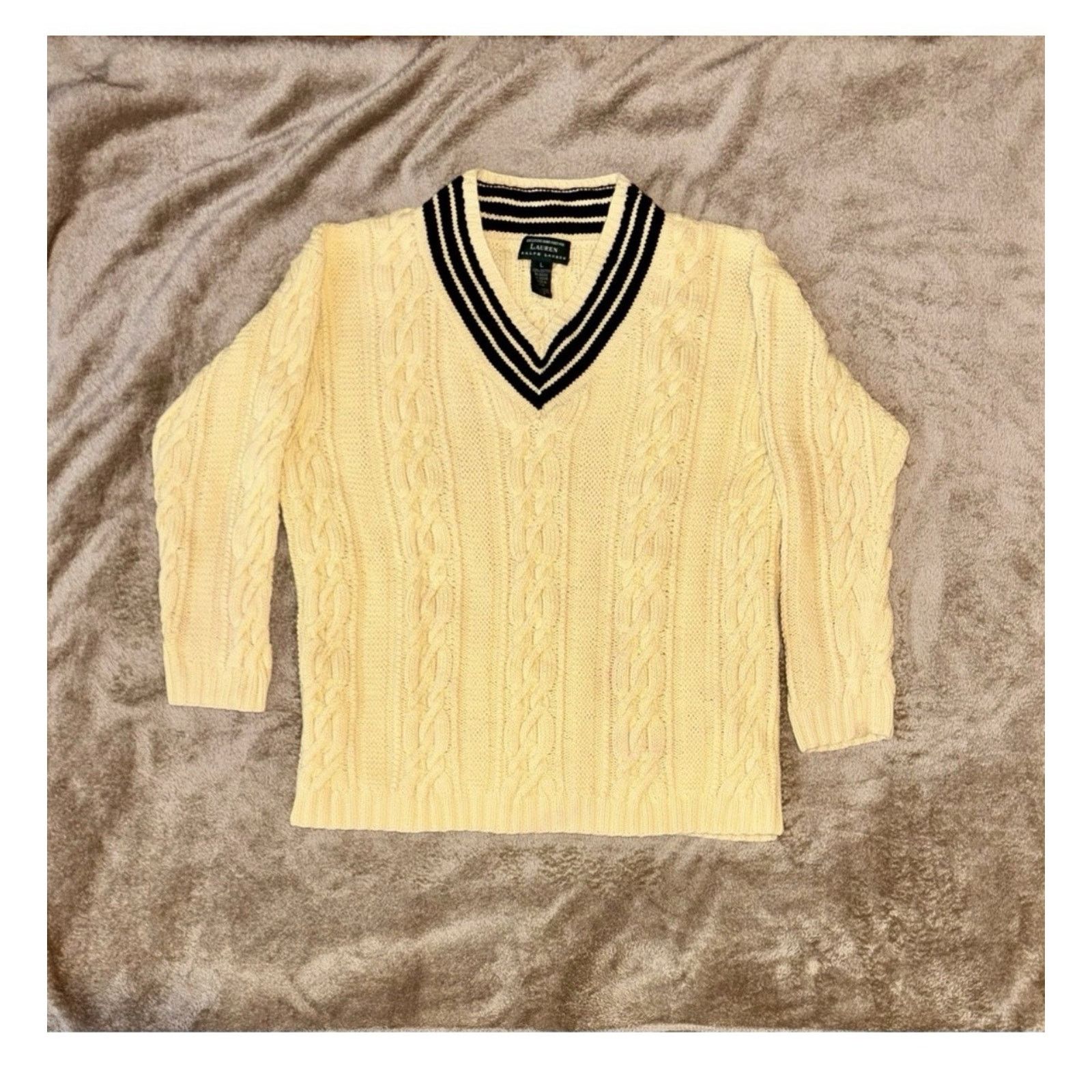 Lauren Ralph Lauren 90s Ralph Lauren Hand Knit Sweater Yellow Navy Polo Pony Size L / US 10 / IT 46 - 3 Thumbnail