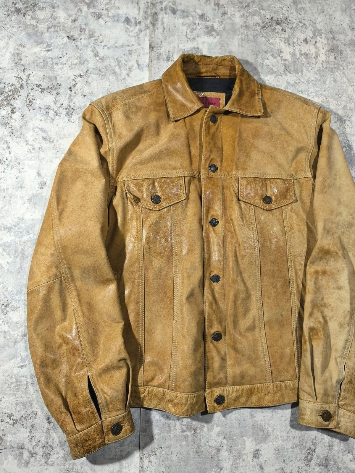 Leather Vtg Faded Distressed Leather Trucker Jacket Vintage 90s Size US L / EU 52-54 / 3 - 8 Thumbnail