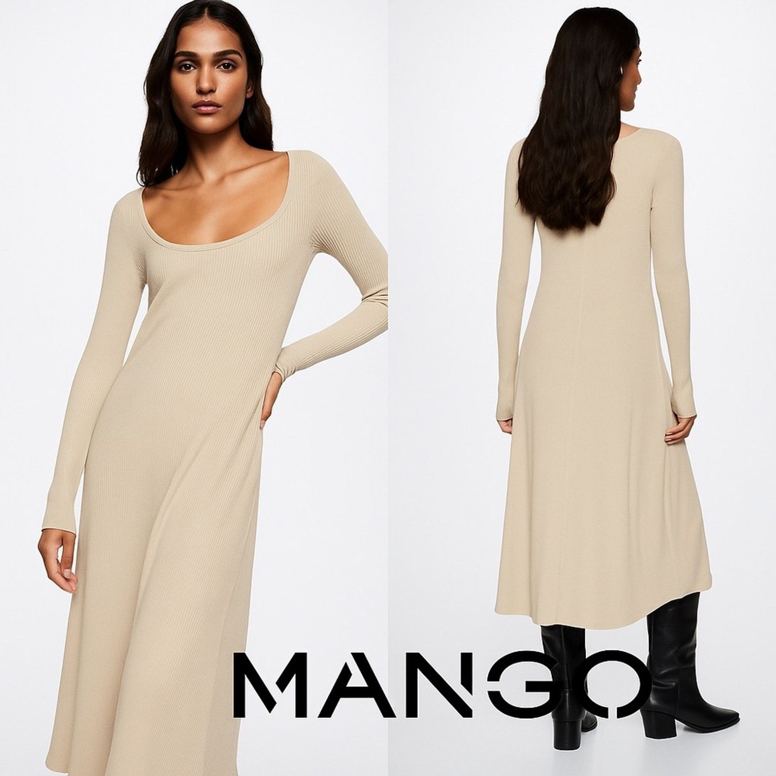 Mango Scoop Neck Ribbed Midi Dress Neutral M 142 in Beige, Women's