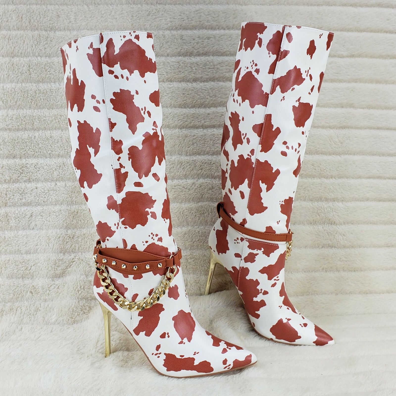 Other Eva Tan & White Cow Print Leatherette Gold Tone High Heel & Size US 8 / IT 38 - 1 Thumbnail