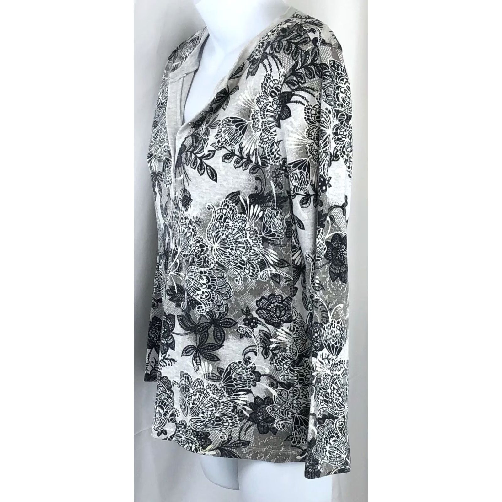 Vintage Karen Scott Top Floral Long Sleeve Cotton Blouse MP Gray Bohemian Office Casual Womens Size M / US 6-8 / IT 42-44 - 2 Thumbnail