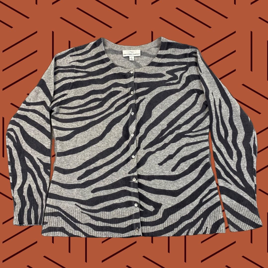 Vintage Precious Fibers Cardigan Women L Gray Zebra Striped Jeweled Cashmere Size L / US 10 / IT 46 - 1 Thumbnail