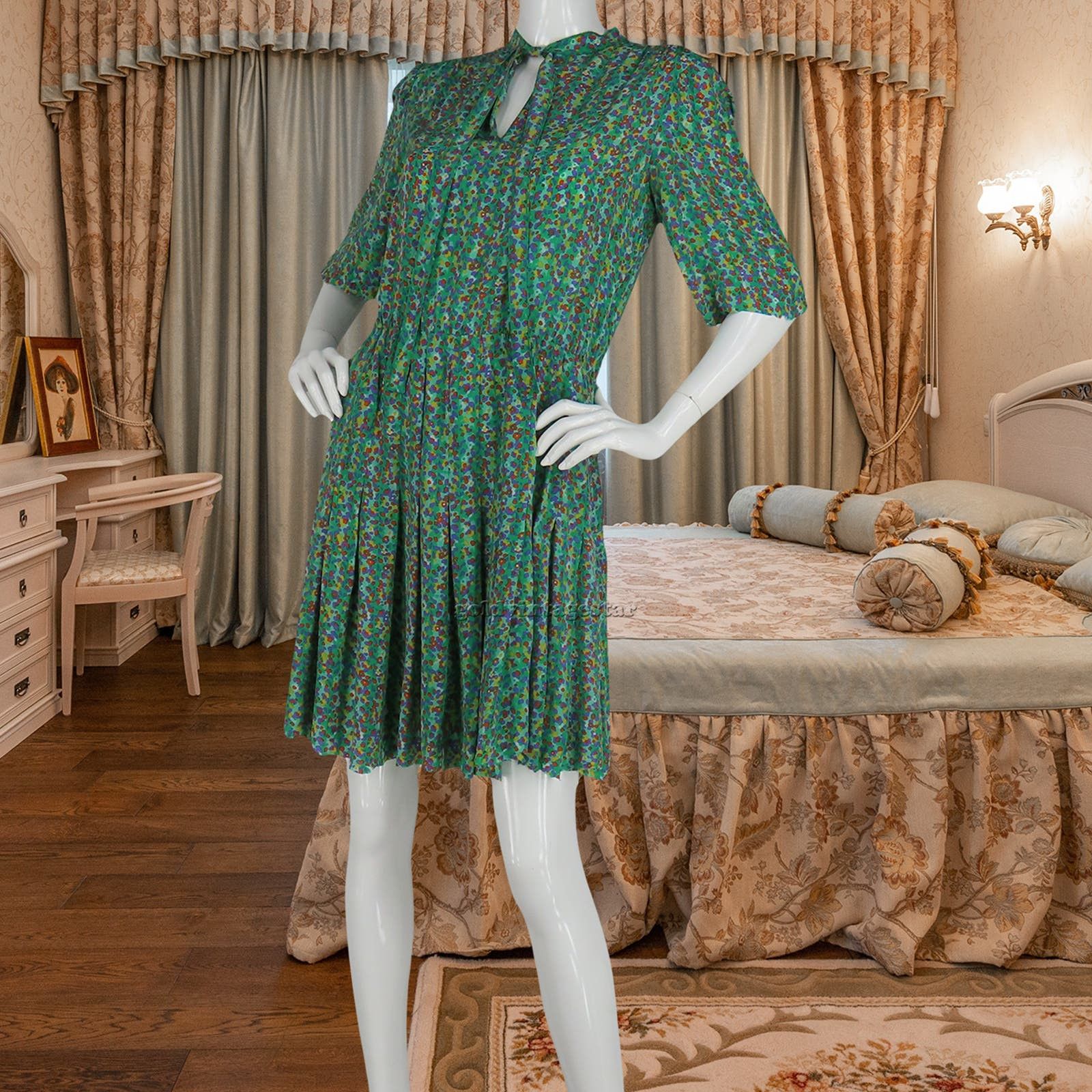 image of 80's Givenchy Silk Chiffon Floral Dress Vintage Chic Elegance in Green, Women's (Size Medium)