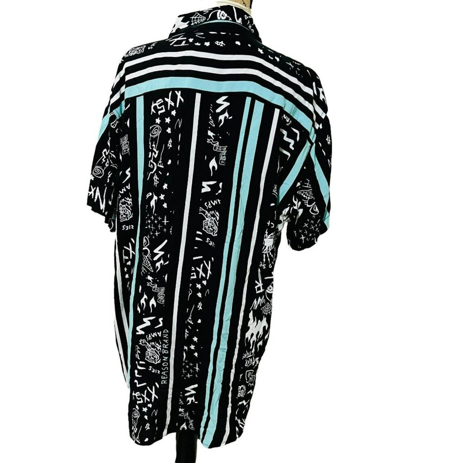 Reason Reasons Black Turquoise Blurry Button Front Shirt 90s Print Size 3XL / US 20-22 - 3 Thumbnail