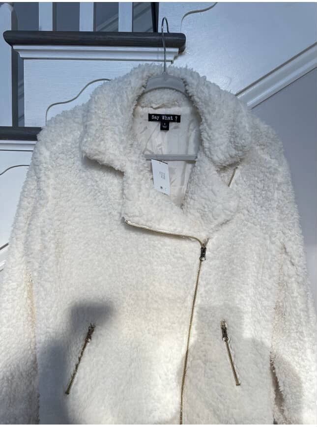 Other NWT Say What ? Fuzzy Ivory Sherpa Moto Jacket Gold Zipper Size S / US 4 / IT 40 - 3 Thumbnail