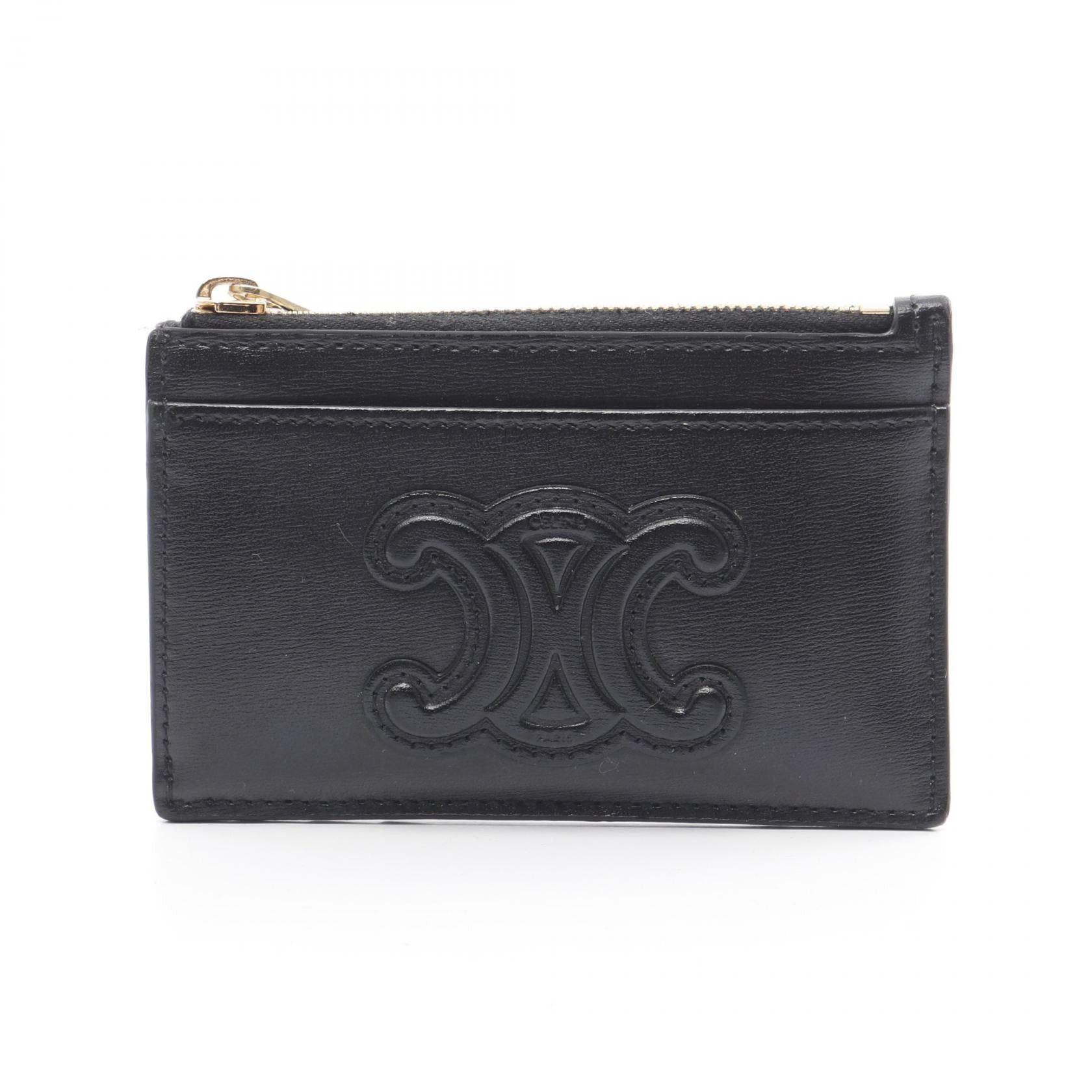 Celine Zip Card Holder Cuill Triomphe Coin Purse Case Leather Black, Women's