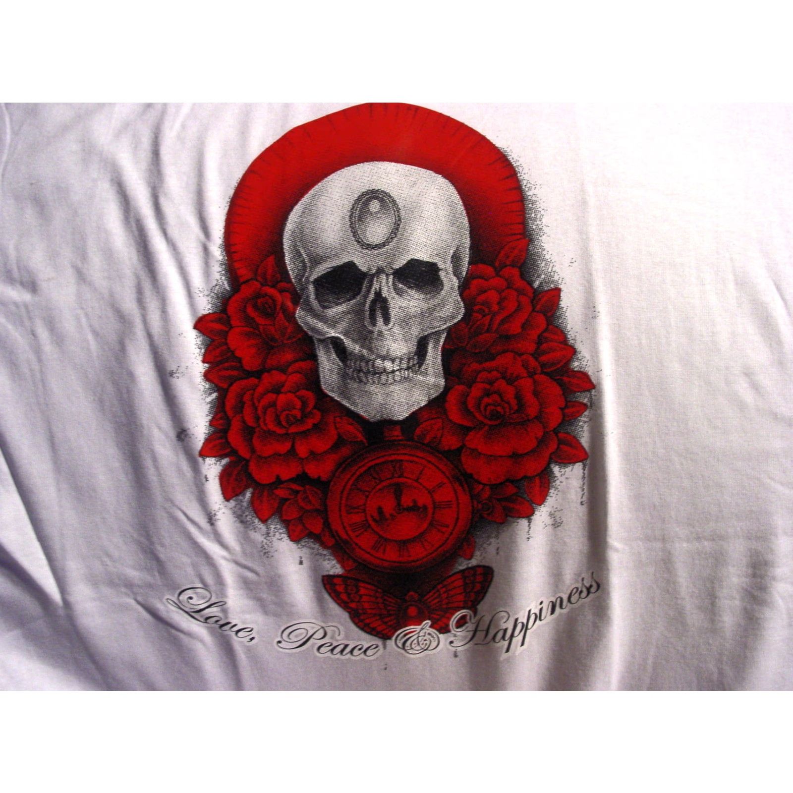 Vintage VINTAGE Skull Rose Flower Butterfly Love Peace Happiness Graphic T-Shirt Men Large White Size US L / EU 52-54 / 3 - 2 Thumbnail