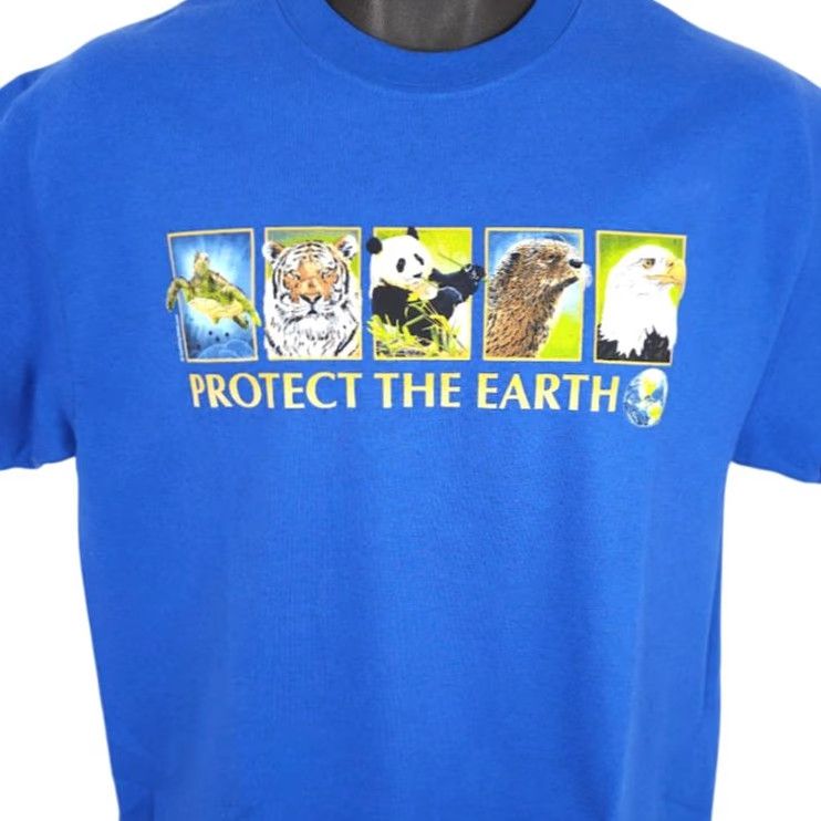 Gildan Protect The Earth T Shirt Mens Medium Blue Eagle Tiger Panda Otter Turtle Gildan Crew Neck Cotton Size US M / EU 48-50 / 2 - 2 Thumbnail