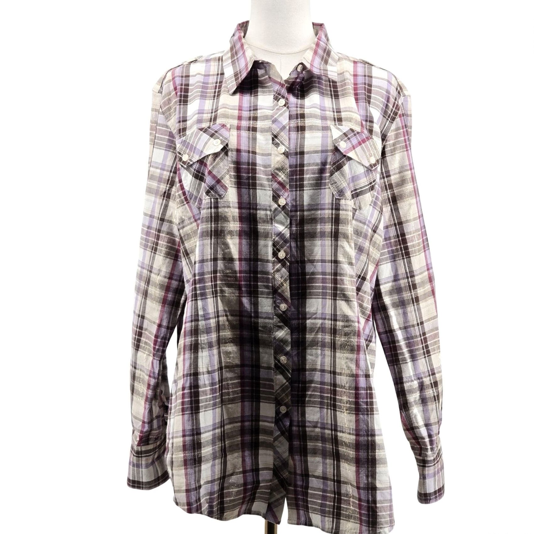 Ariat Ariat Button-Up Womens XXL Purple Plaid Fitted Embroidered Glitter Collared Shirt Size XXL / US 16-18 / IT 52-54 - 2 Thumbnail