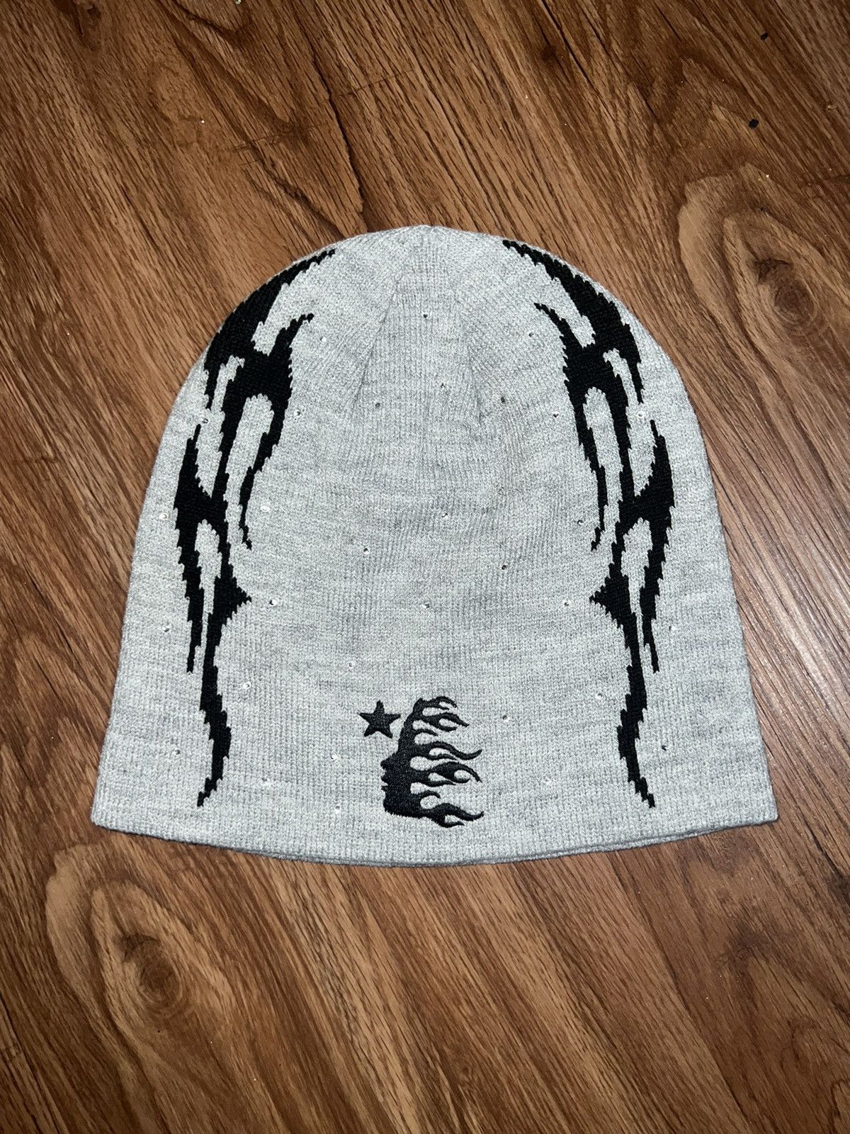 image of Hellstar Flame Beanie With Crystals in Grey, Men's