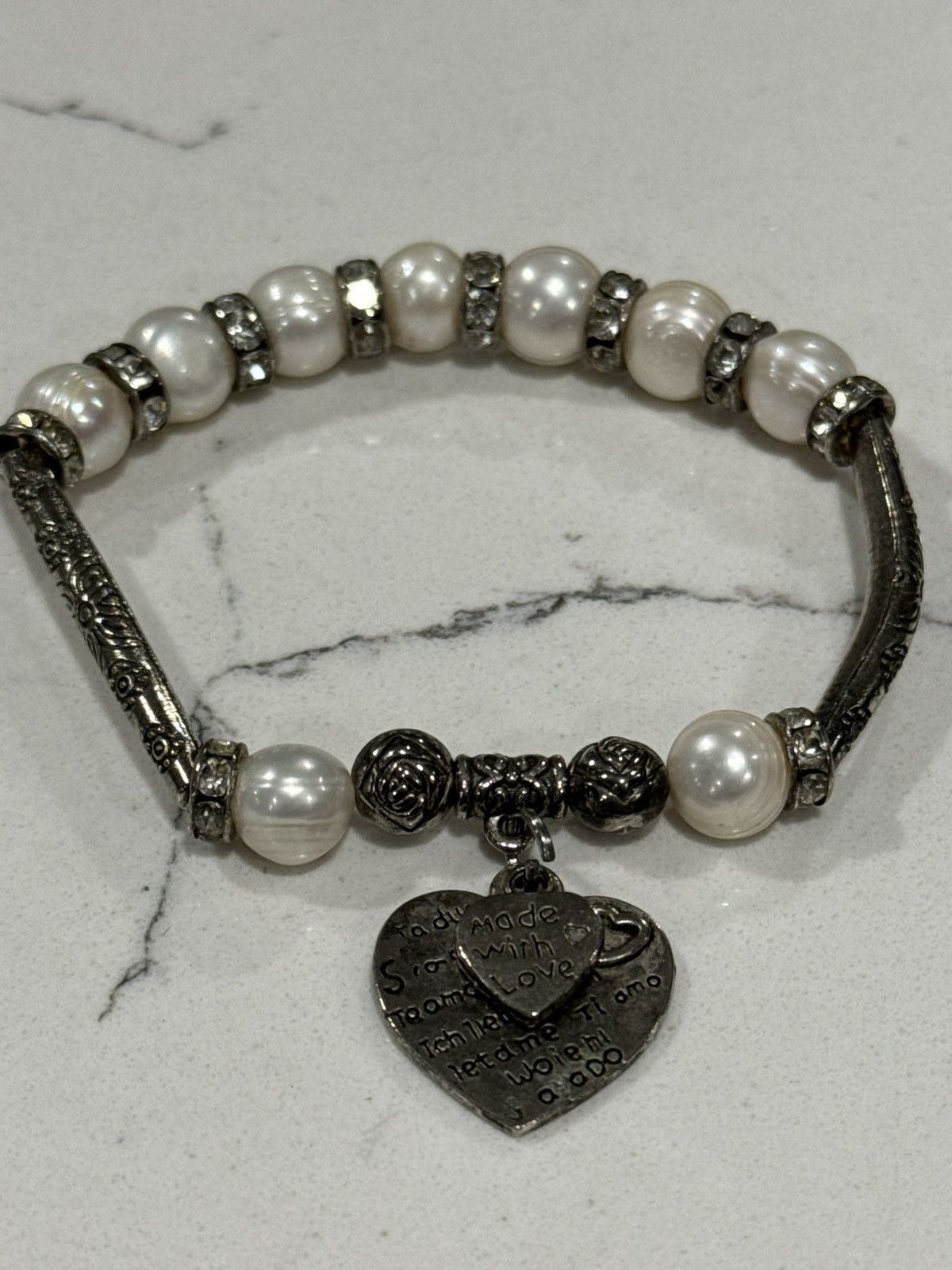 Jewelry Vintage Y2K Pearl Heart Charm Bracelet Rhinestone Coquette Size ONE SIZE - 1 Thumbnail