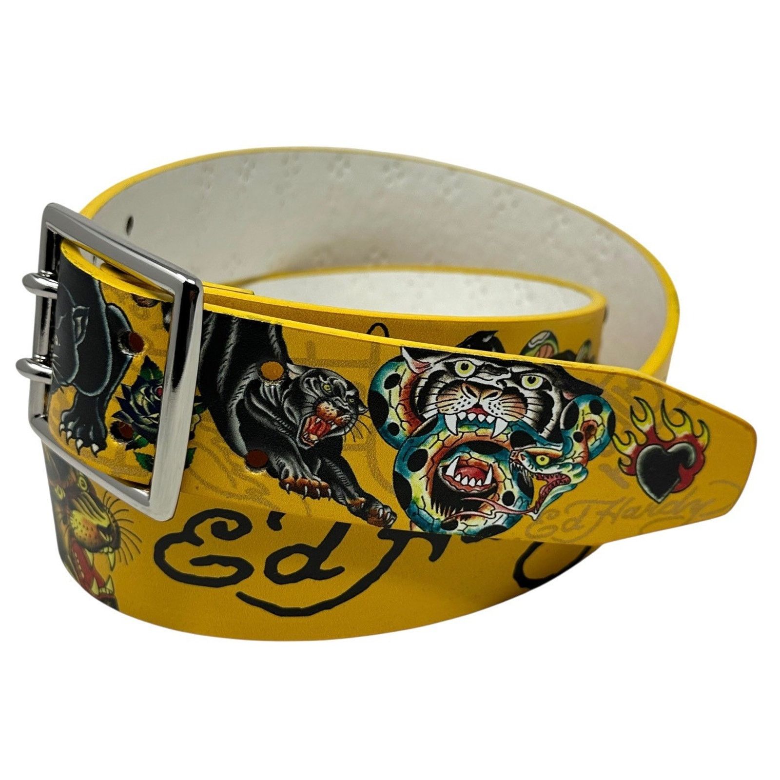 Ed Hardy Ed Hardy Men's Double Prong Panther Snake Print Yellow Belt Size 36 - 2 Thumbnail