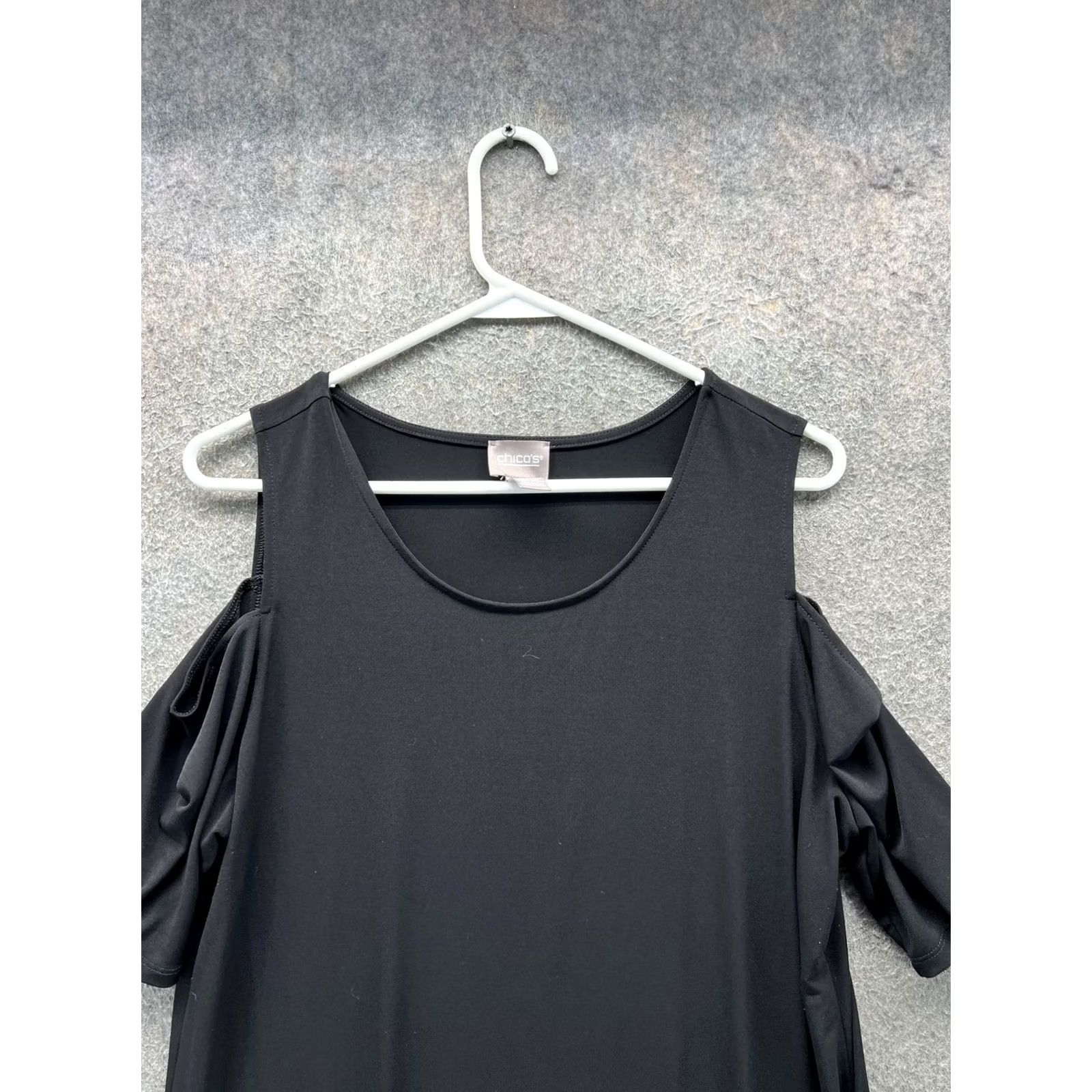 Vintage Chico's Shirt Dress Womens 2 Black Cold Shoulder Ruffle Scoop Neck Short Knit Dress Shirt Size XS / US 0-2 / IT 36-38 - 6 Thumbnail