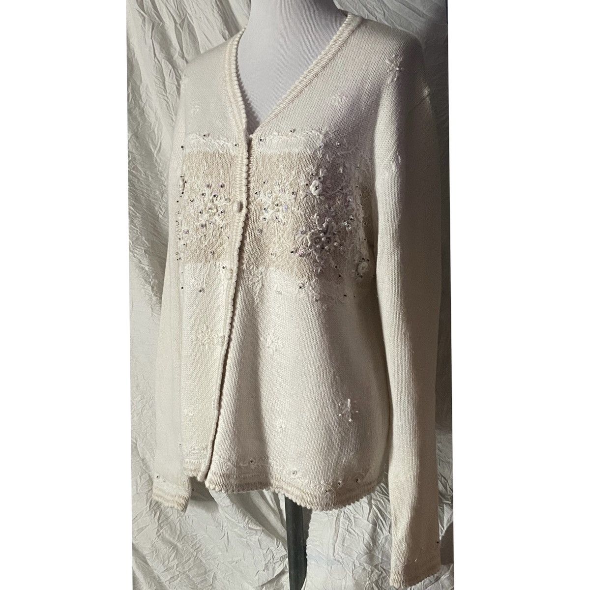 Vintage, Beige, Snowflake Embroidered, Button Down Sweater