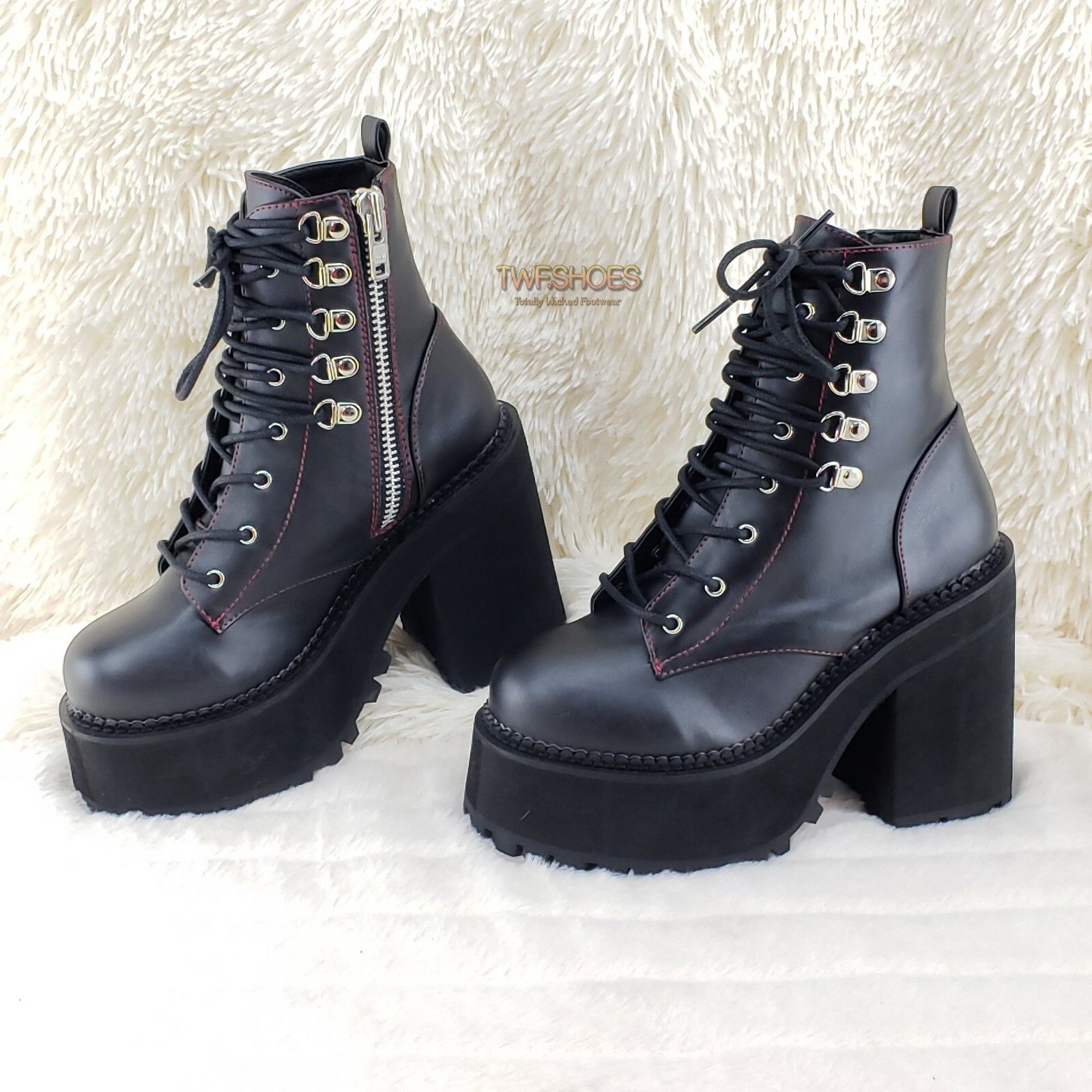 DEMONIA Assault 100 Gothic Punk Heel Cleat Platform Red Stit