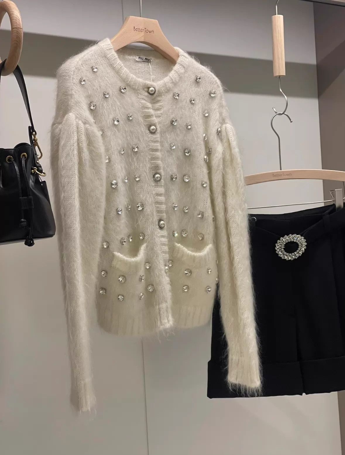 Miu Miu MIU MIU Ivory Wool-Mohair Full-Crystal Cardigan NWT Size XS / US 0-2 / IT 36-38 - 6 Thumbnail