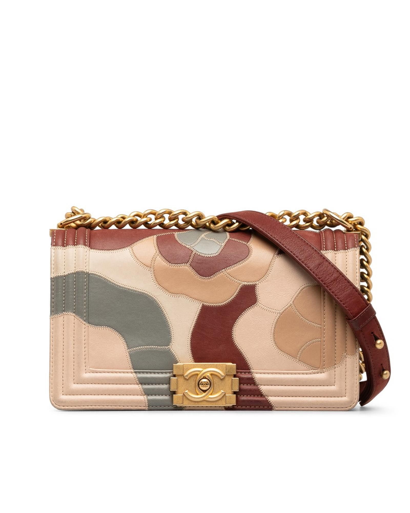 image of Chanel Medium Camellia Patchwork Le Boy Flap Bag In Brown, Women's
