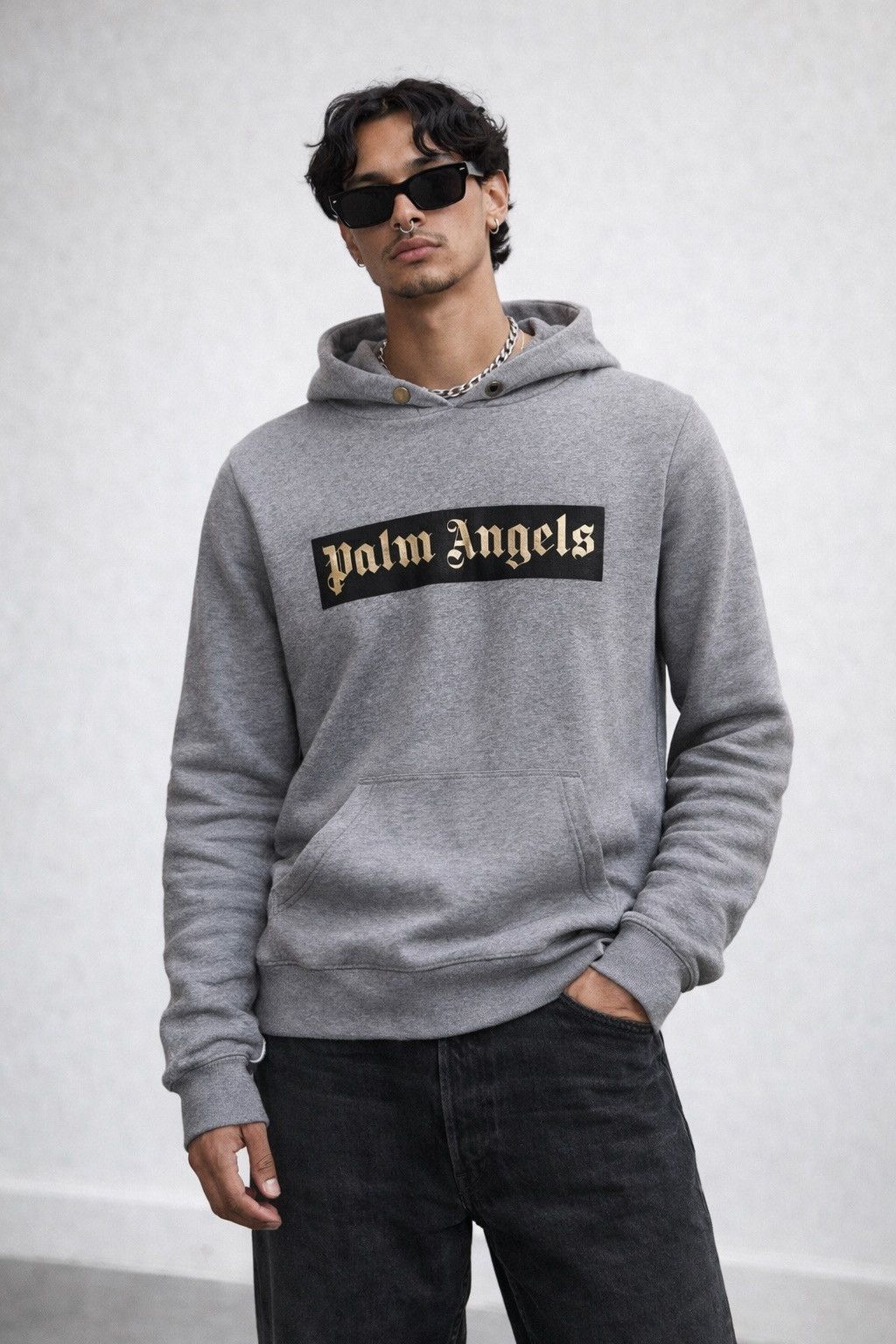 Palm Angels Palm Angels Logo Hoodie Grey Gold Print Size XL Slim Fit Size US XL / EU 56 / 4 - 1 Thumbnail
