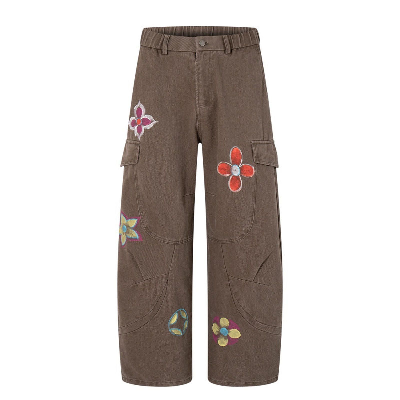 Japanese Brand Black Wide Leg Cargo Pants with Floral Patches Size US 32 / EU 48 - 5 Thumbnail
