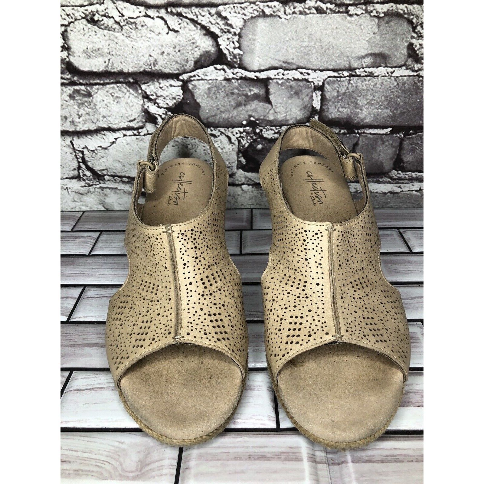 Clarks Clarks Beige Leather Perforated Strap Espadrilles Wedge Sand Size US 8.5 / IT 38.5 - 2 Thumbnail