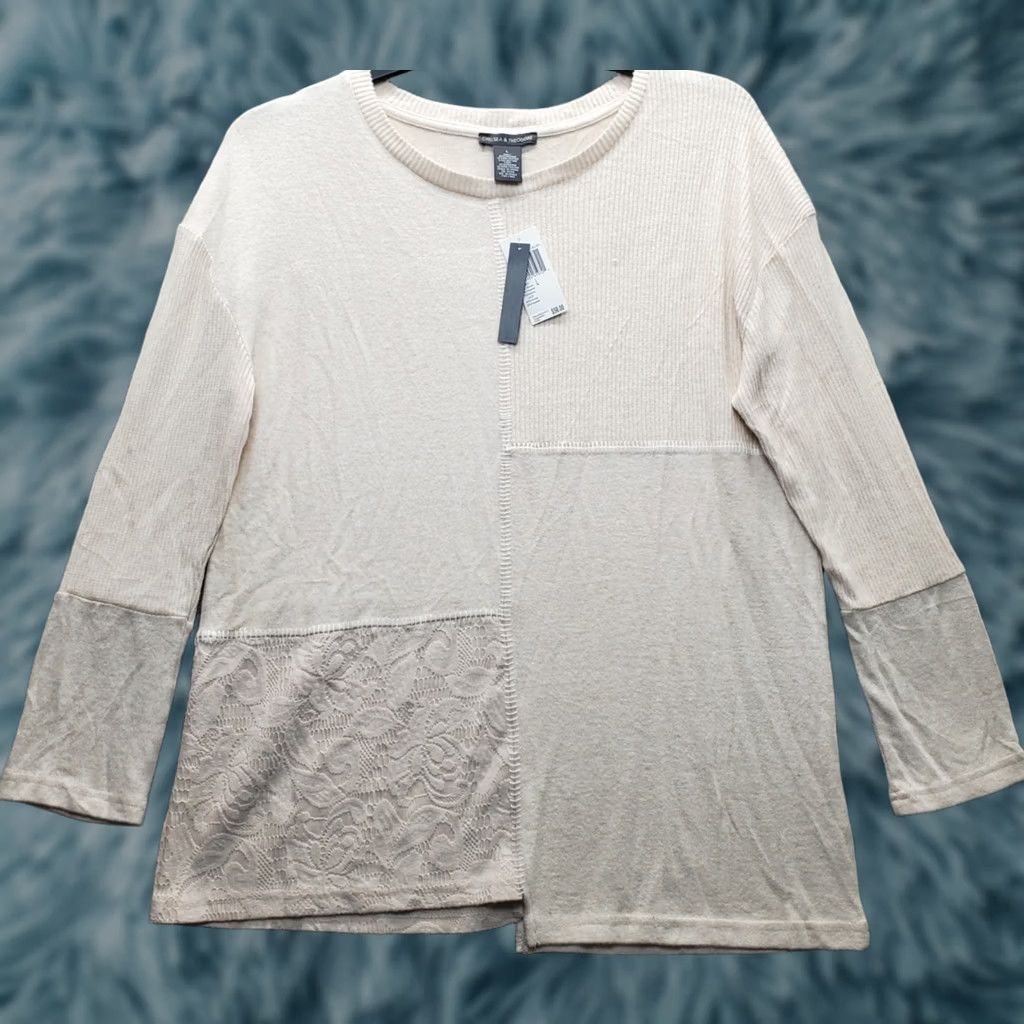 Vintage Chelsea & Theodore Tunic Top Womens L Tan Fuzzy Blush Long Sleeve Round Neck Shirt Size L / US 10 / IT 46 - 1 Thumbnail