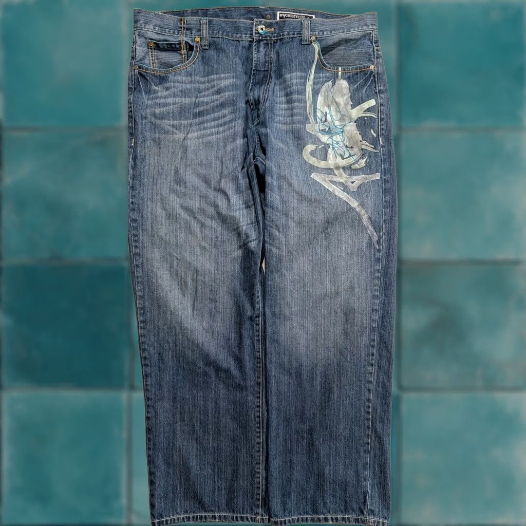 Enyce VTG Enyce Jeans Mens 42x34 Blue Baggy Embroidered Wide Leg Hip Hop Skater Y2K Jeans Mens 42 Blue Embroidered Baggy Wide Leg Hip Hop 90s Retro Mens Size US 42 / EU 58 - 1 Thumbnail
