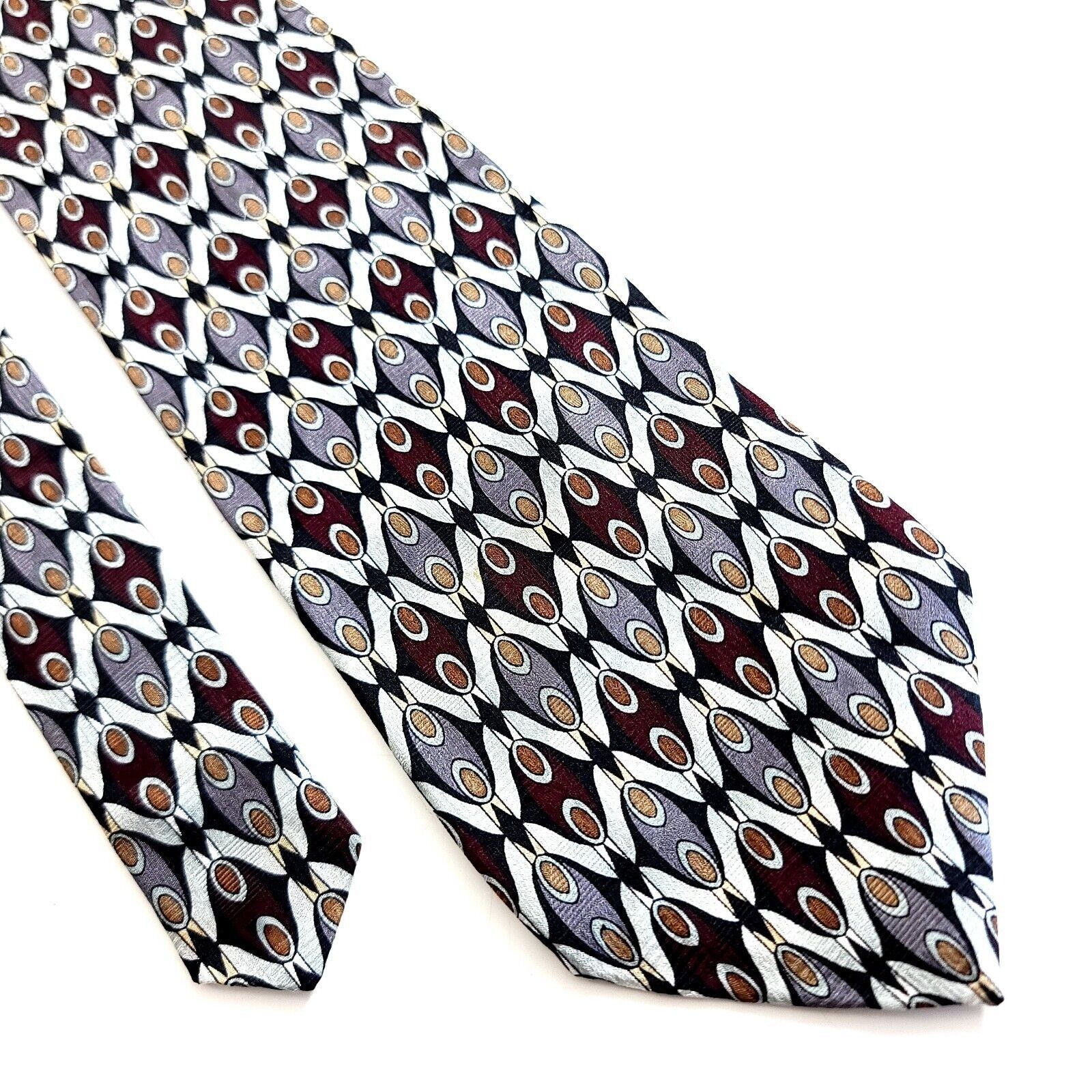 Vintage Martin Wong Red Silver Tan Print Short Wide Silk Tie Size ONE SIZE - 1 Thumbnail