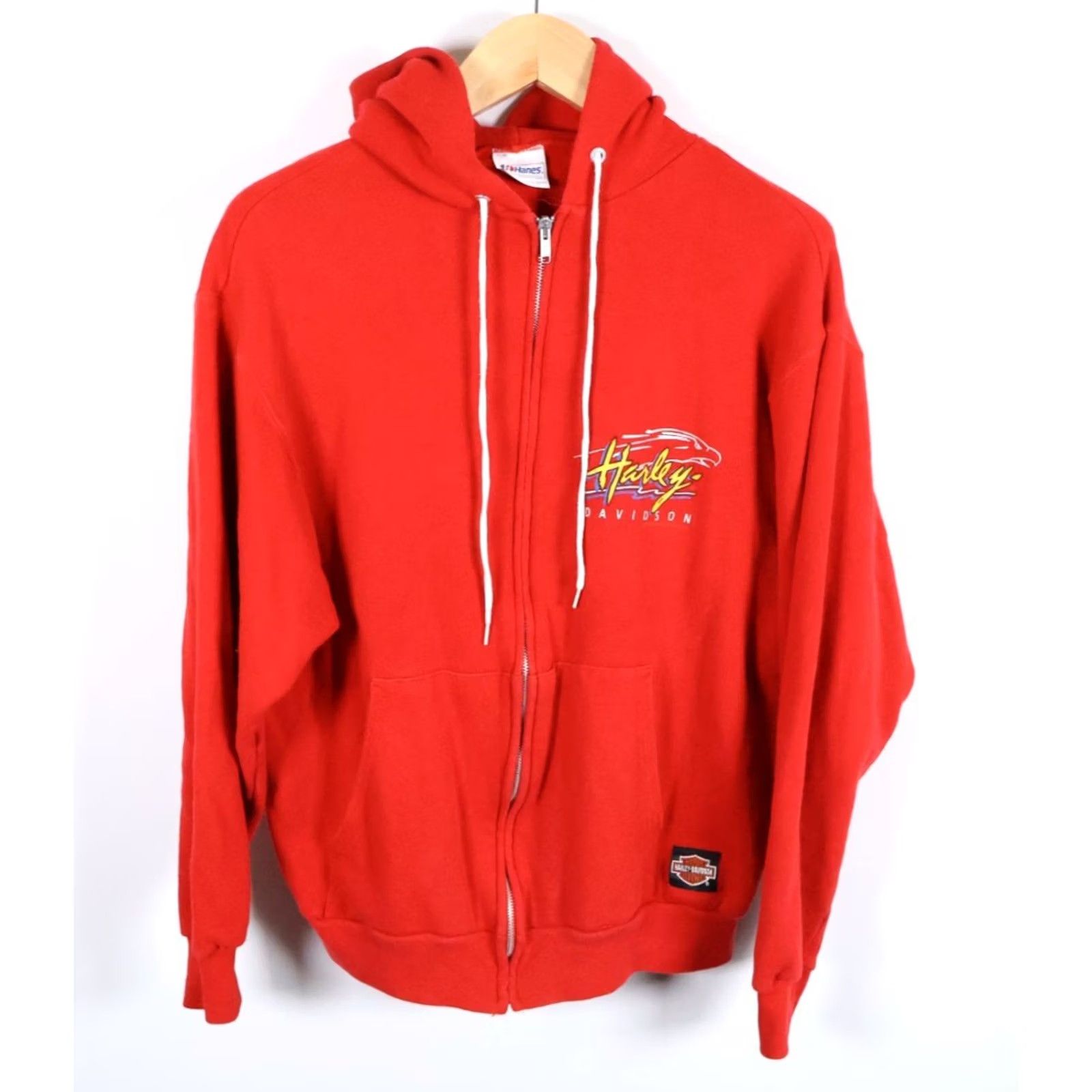 Harley Davidson VINTAGE Harley-Davidson Hoodie Mens Large Red 80s Full Zip Graphic Print Pockets Bar/City/Retro (Hanes Tag) Size US L / EU 52-54 / 3 - 2 Thumbnail