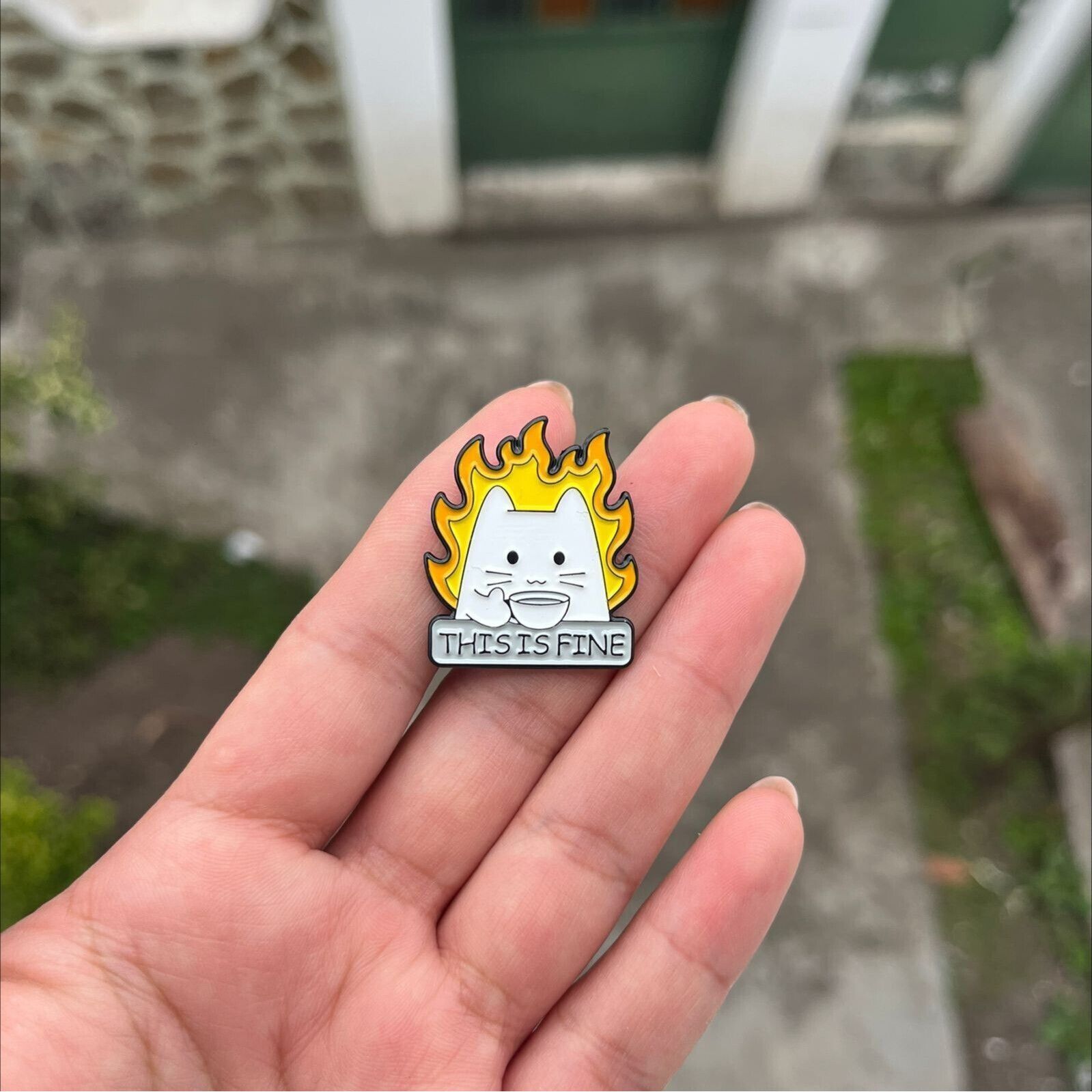 Other New This Is Fine Fire Meme White Cat Funny Metal Pin Badge B Size ONE SIZE - 1 Thumbnail