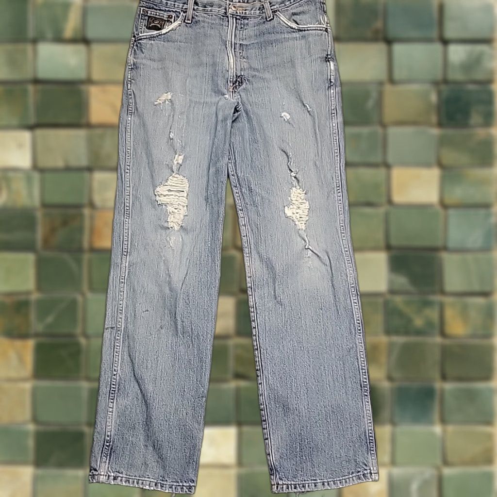 Denime Cinch Jeans Men 35x34 Blue Distressed Denim Green Label Western Cowboy Rodeo Jeans Mens Size US 35 - 1 Thumbnail