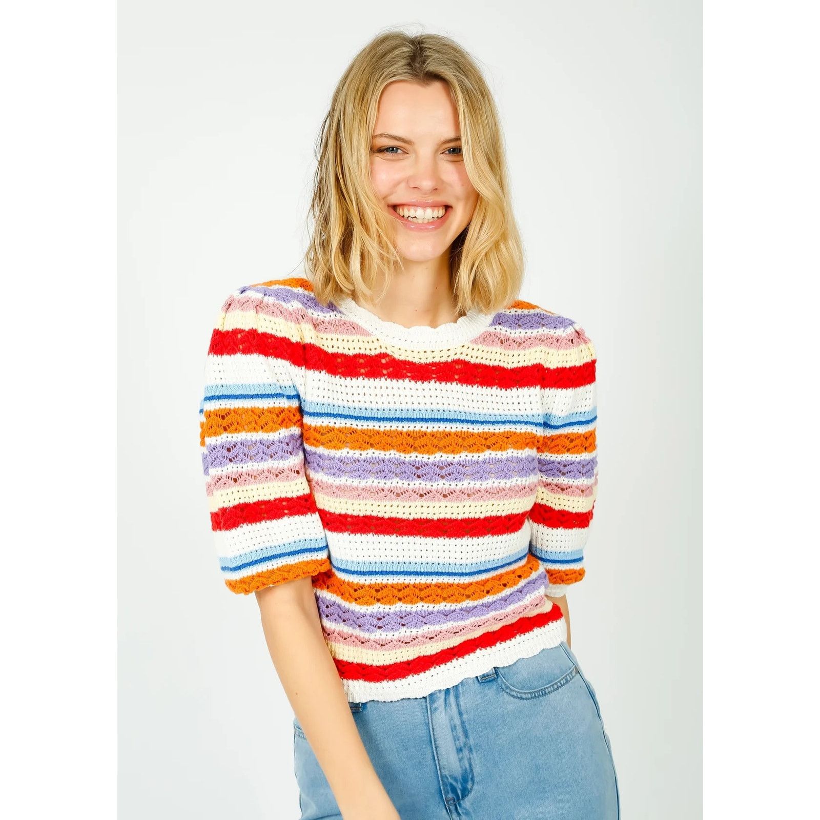 Other Suncoo Panaca Multicolor Striped Knit Puff Sleeve Sweater Size S / US 4 / IT 40 - 1 Thumbnail
