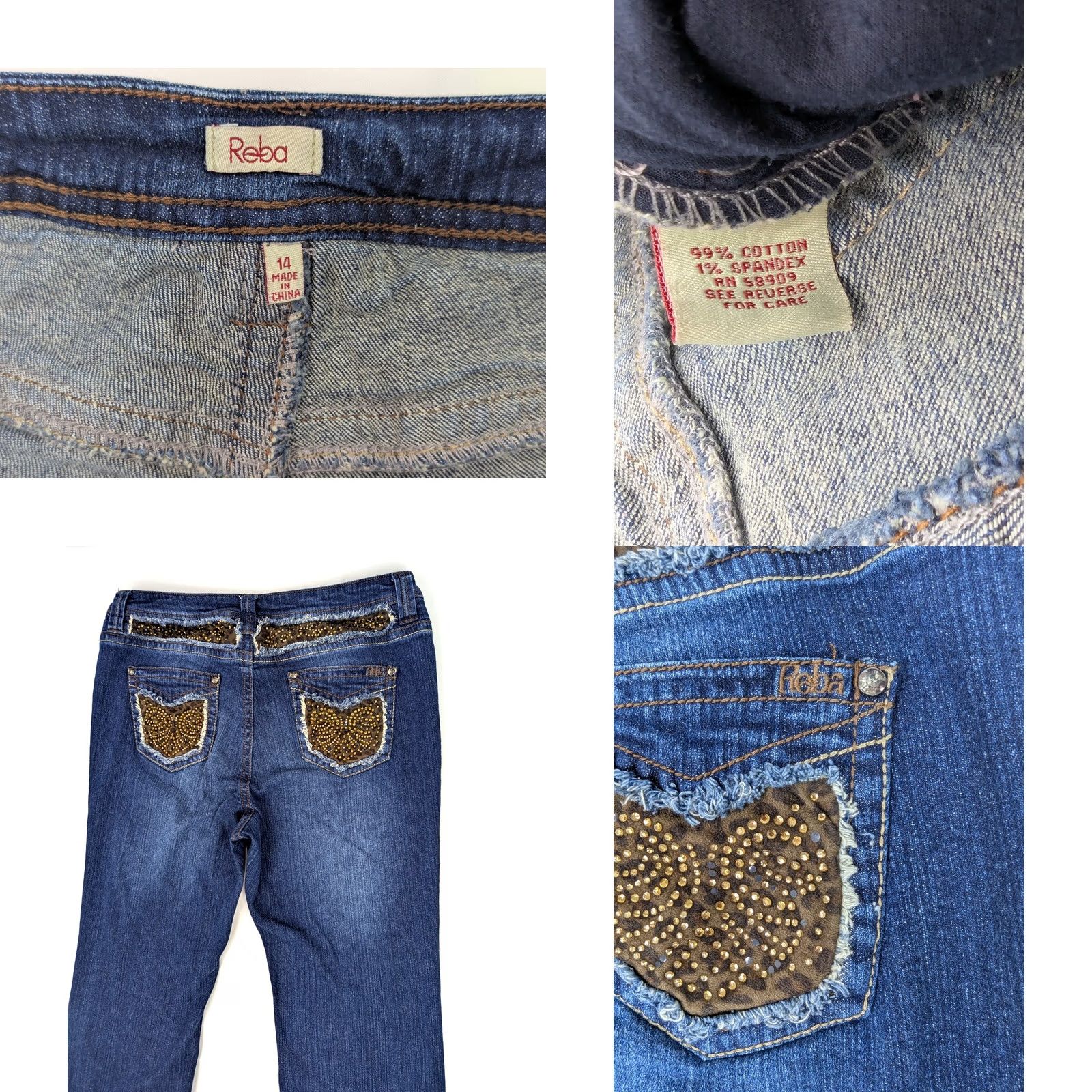 Denime Reba Jeans Bootcut Women 14 Inlay Leopard Embellished Blue Denim 34x32 Stretch Medium Wash 5-Pocket Country Style Size 36" / US 14 / IT 50 - 8 Thumbnail