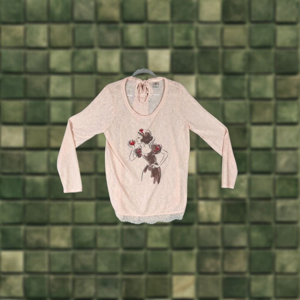 Vintage Disney LC Lauren Conrad Snow White Top Women's L Peach Glitter Bow Lace Apple Round Neck Long Sleeve Casual Blouse Garden Vintage Not Applicable Size L / US 10 / IT 46 - 1 Thumbnail