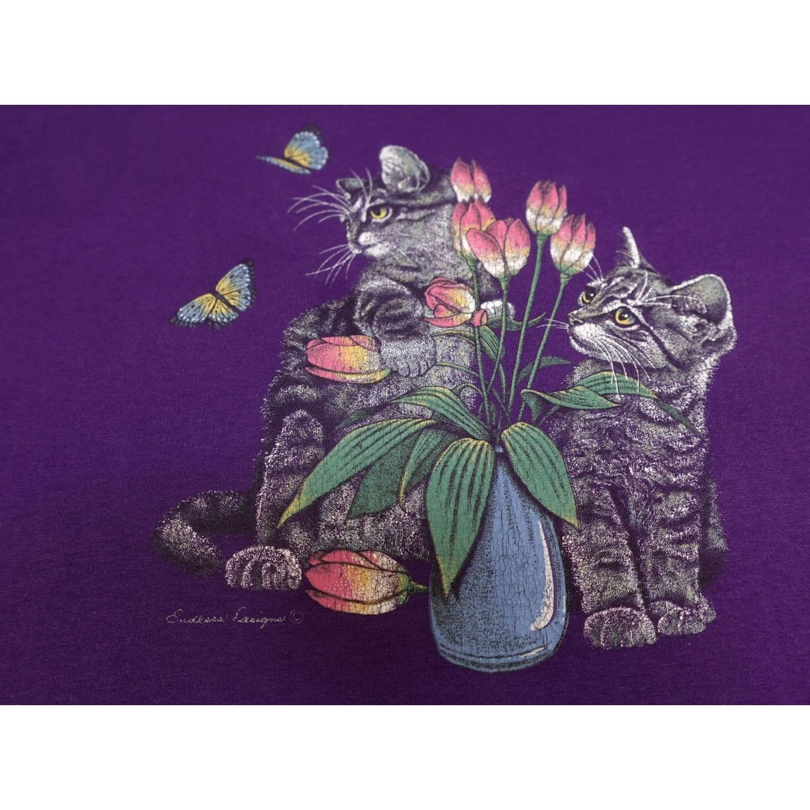 Vintage VINTAGE Cat Shirt Mens XL Purple Butterflies Tulips Flowers Floral Y2K Nature Graphic Print Crew Neck Short Sleeve Size US XL / EU 56 / 4 - 2 Thumbnail
