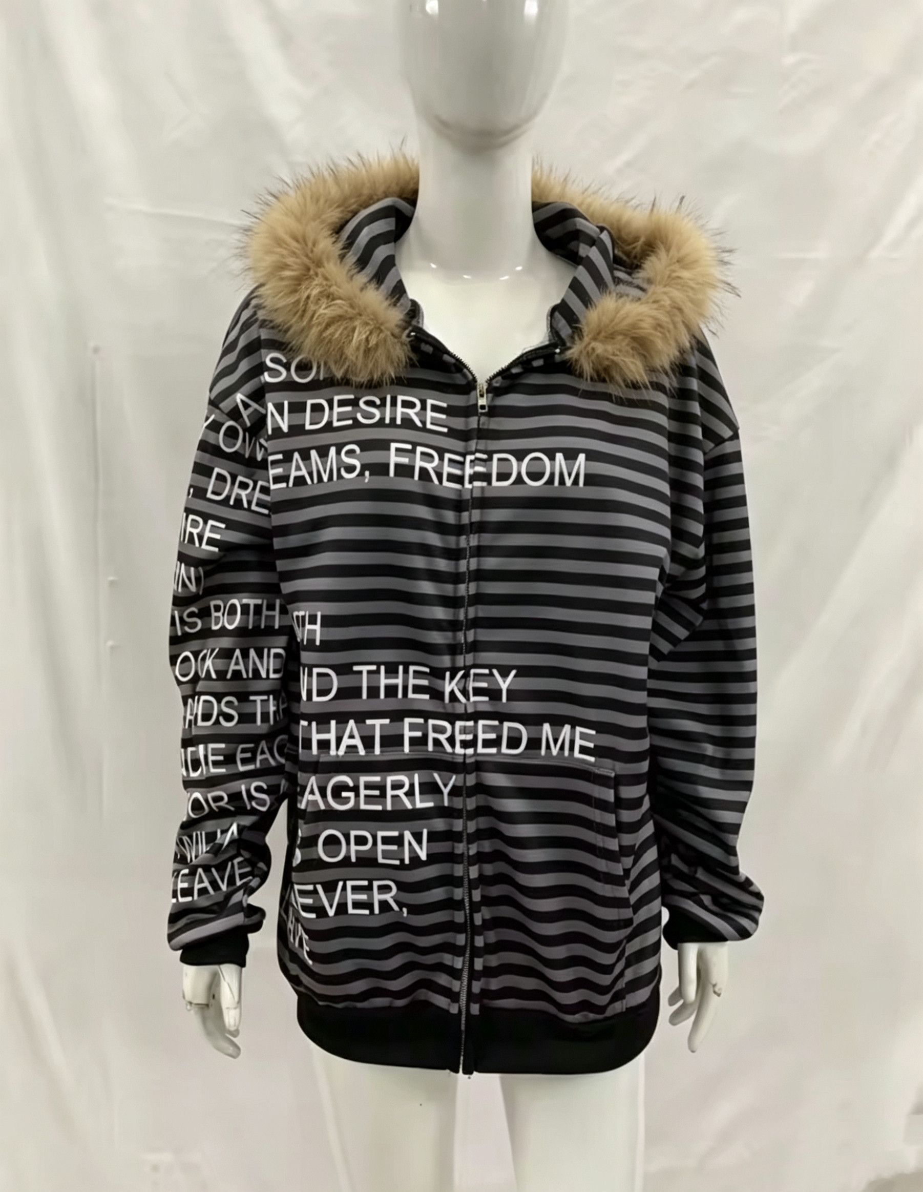 Other Fashion Punk Y2K Grunge Letter Stripe Flurry Hat Fur Hoodies Size US M / EU 48-50 / 2 - 4 Thumbnail