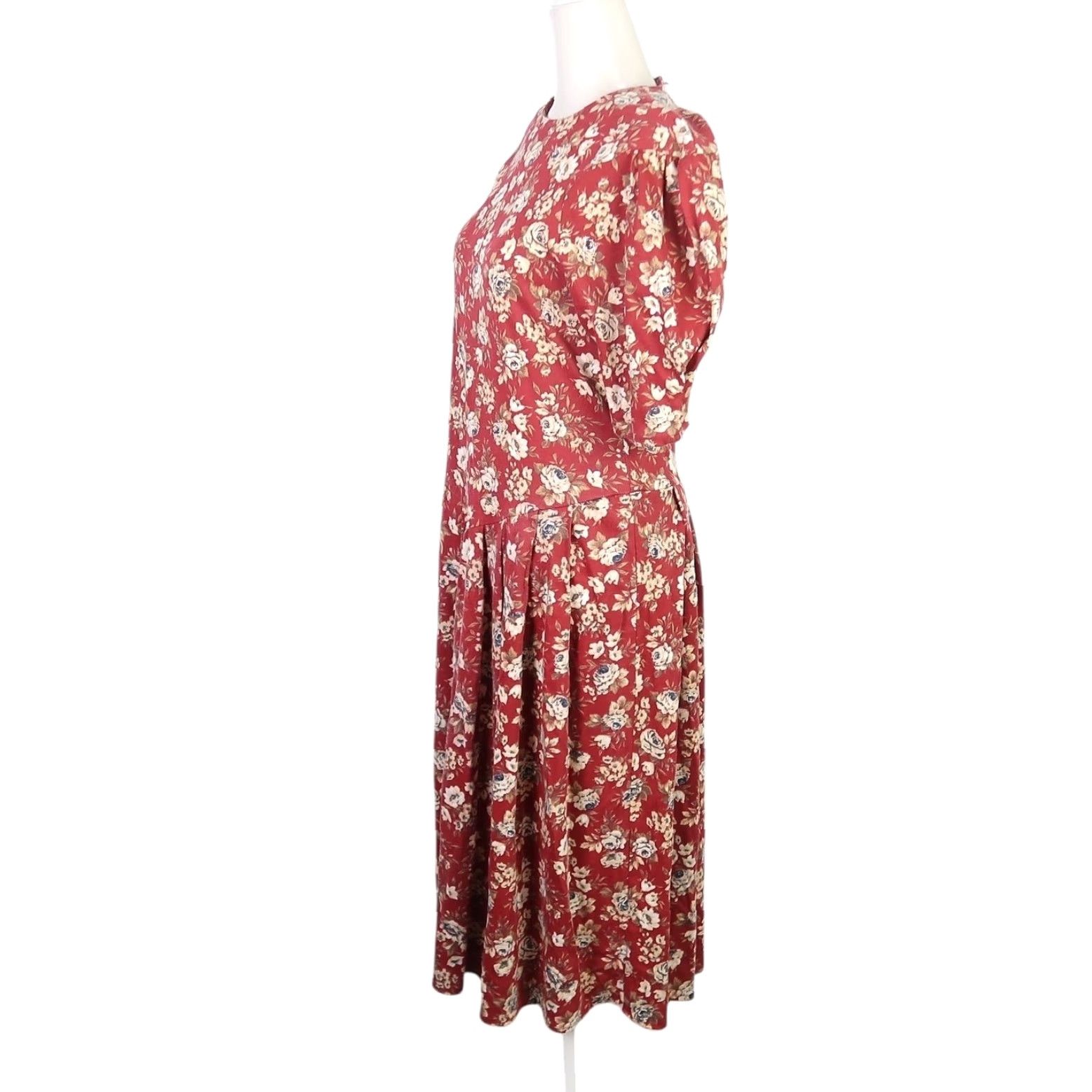 Vintage VINTAGE 80s red and cream floral drop waist midi dress M Womens Midi Floral Puff Sleeve Zip Cotton Casual Party/Cocktail 90s Theme Ladies Size M / US 6-8 / IT 42-44 - 3 Thumbnail