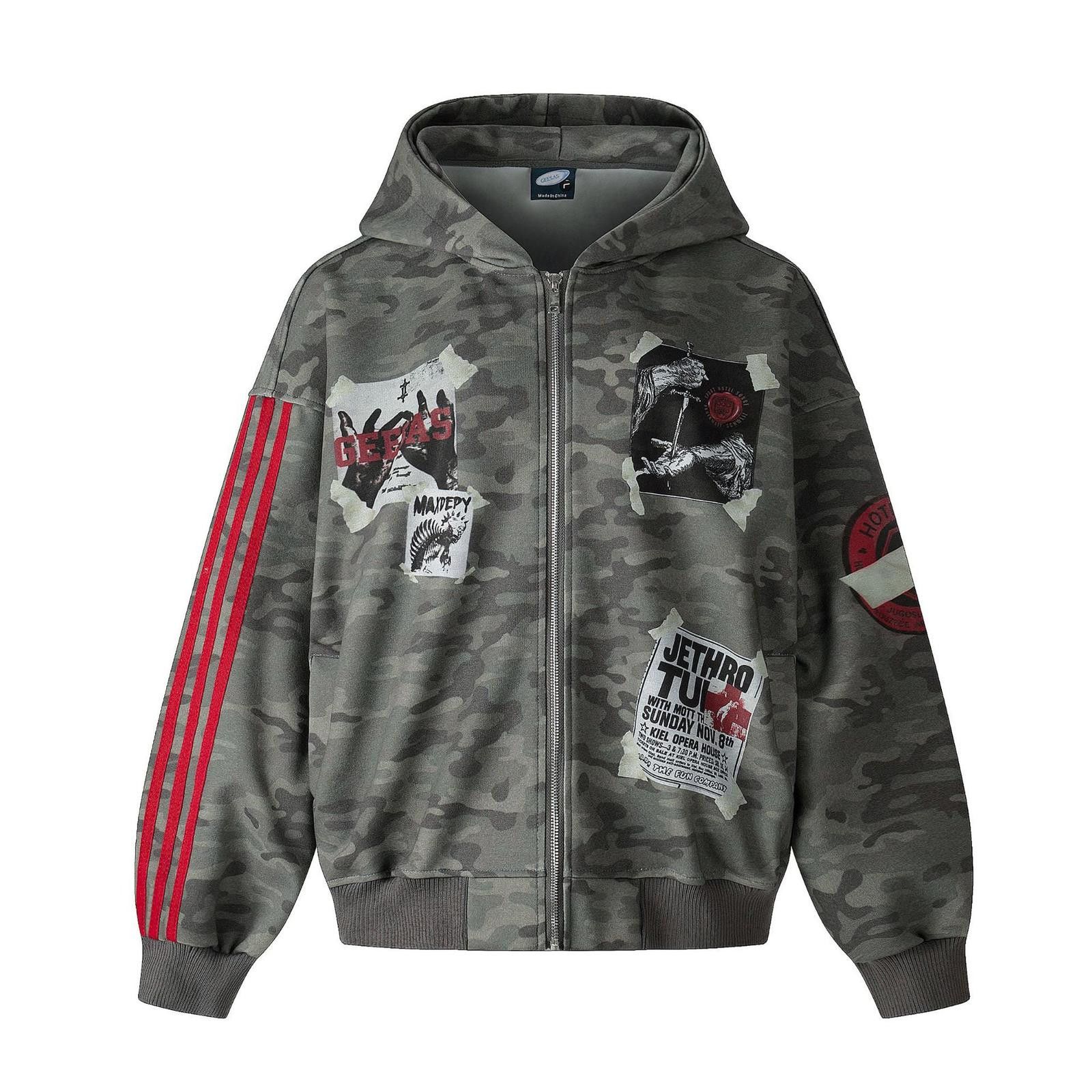 Japanese Brand Gray Camouflage Zip-Up Hoodie with Red Stripe Details Size US L / EU 52-54 / 3 - 5 Thumbnail
