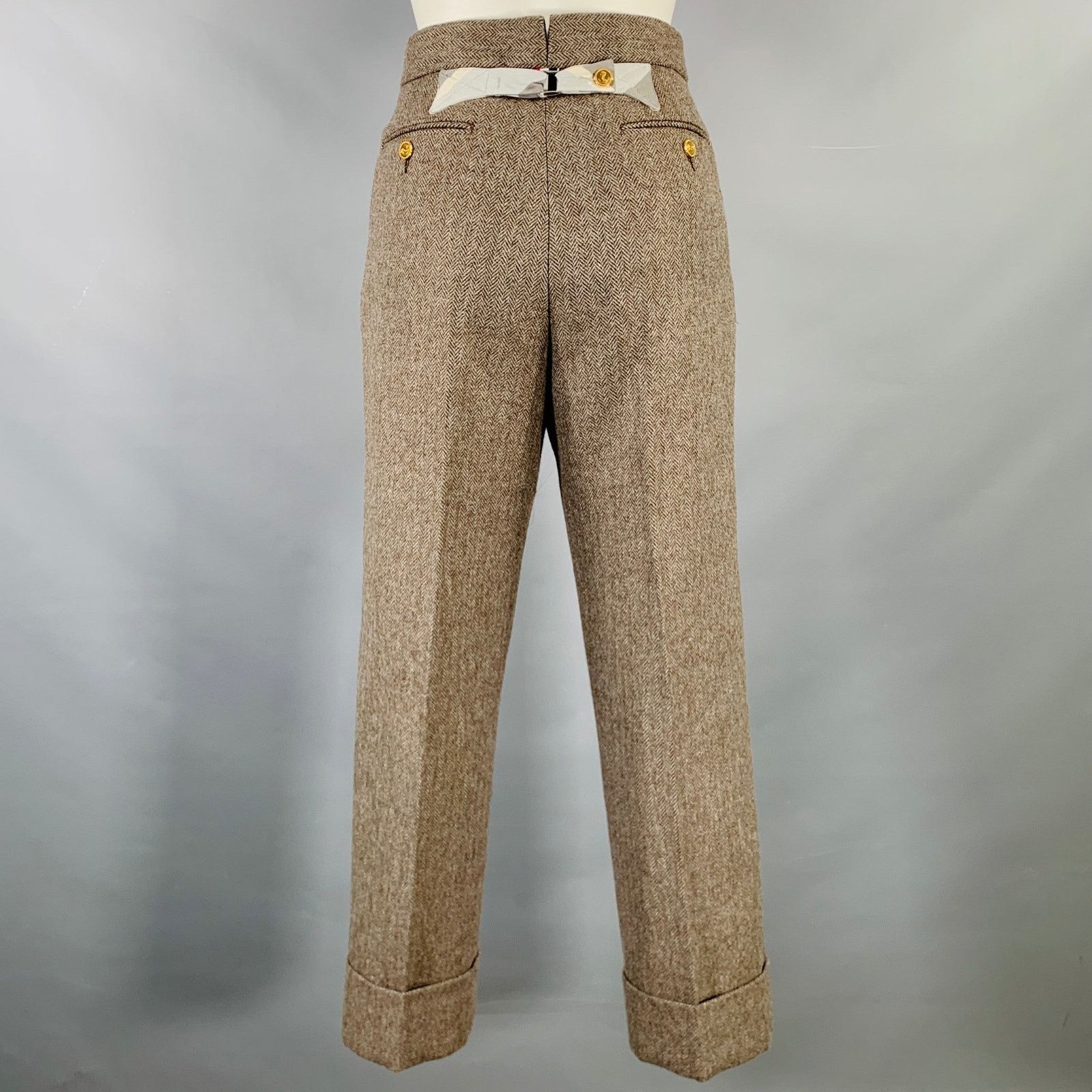 Thom Browne Size 2 Brown Olive Wool Herringbone Flat Front Dress Pants Size 26" / US 2 / IT 38 - 3 Thumbnail